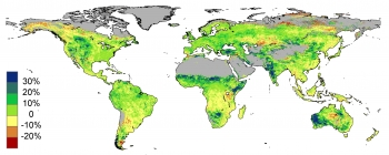 Satellite data shows the per cent amount that foliage cover has changed around the world from 1982 to 2010.