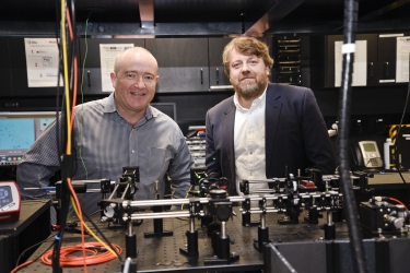 (L-R) Professor Brant Gibson and Professor Andrew Greentree in the ARC Centre of Excellence for Nanoscale BioPhotonics Laboratories at RMIT University in Melbourne