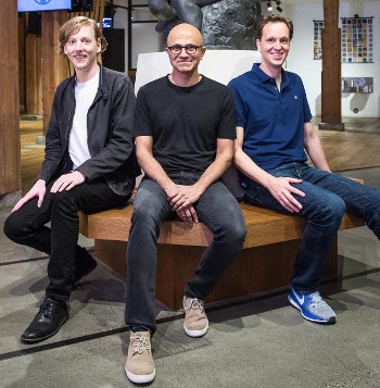 GitHub chief executive Chris Wanstrath, Microsoft chief executive Satya Nadella and Microsoft corporate vice-president, Developer Services, Nat Friedman. 