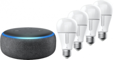 One of the smart home kits on offer; it includes an Amazon Echo Dot and four TP-Link smart Wi-Fi bulbs.
