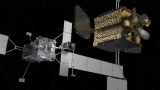 A SpaceLogistics MRV approaching a satellite to attach a MEP